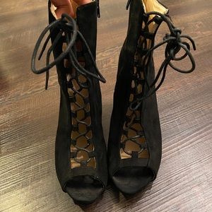 Open toe black laced booties
